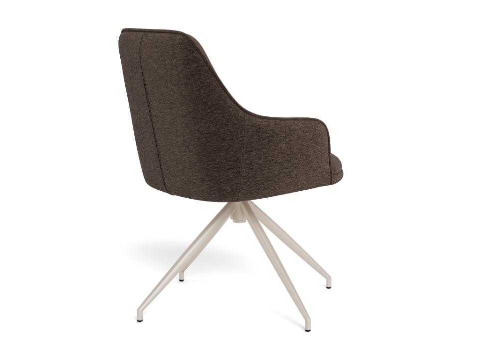 Brown upholstered chair with metal swivel base on a white background