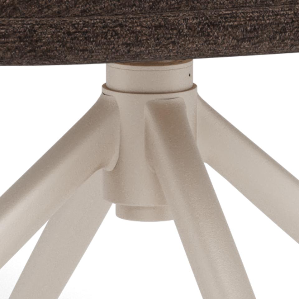 Close-up of a chair with a wooden upholstered seat and beige metal frame on a white background