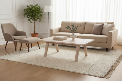 Modern living room with beige sofa, armchair, and coffee table.
