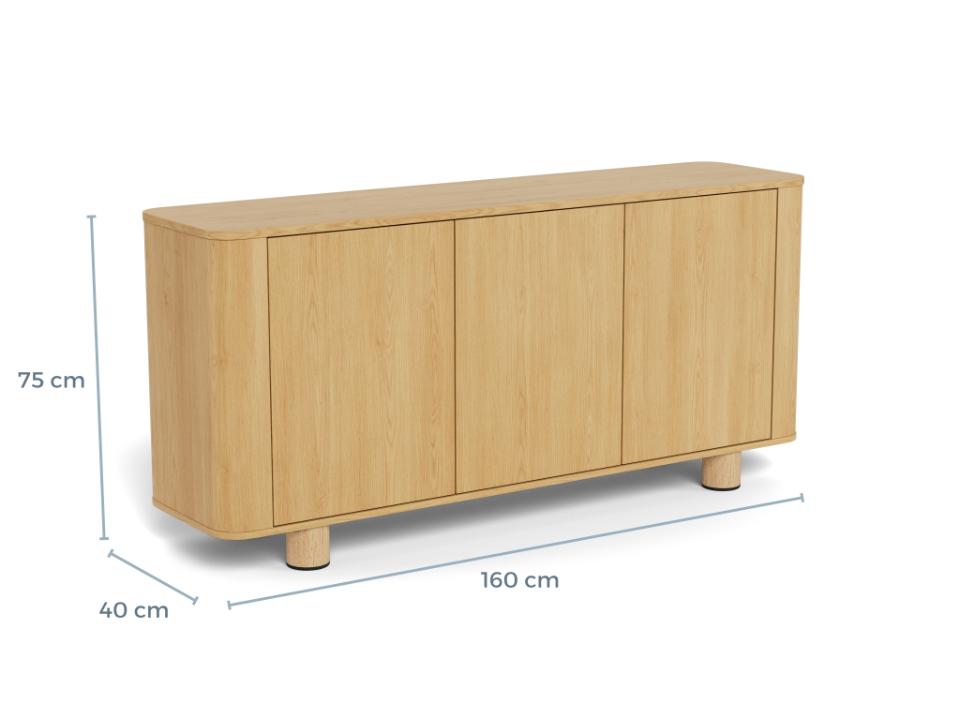 A light natural wood sideboard or credenza with three front doors, shown on a white background with dimension lines indicating 160 cm width, 75 cm height, and 40 cm depth.
