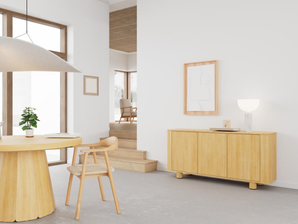Modern interior with wooden furniture including a table, chairs, and cabinet.