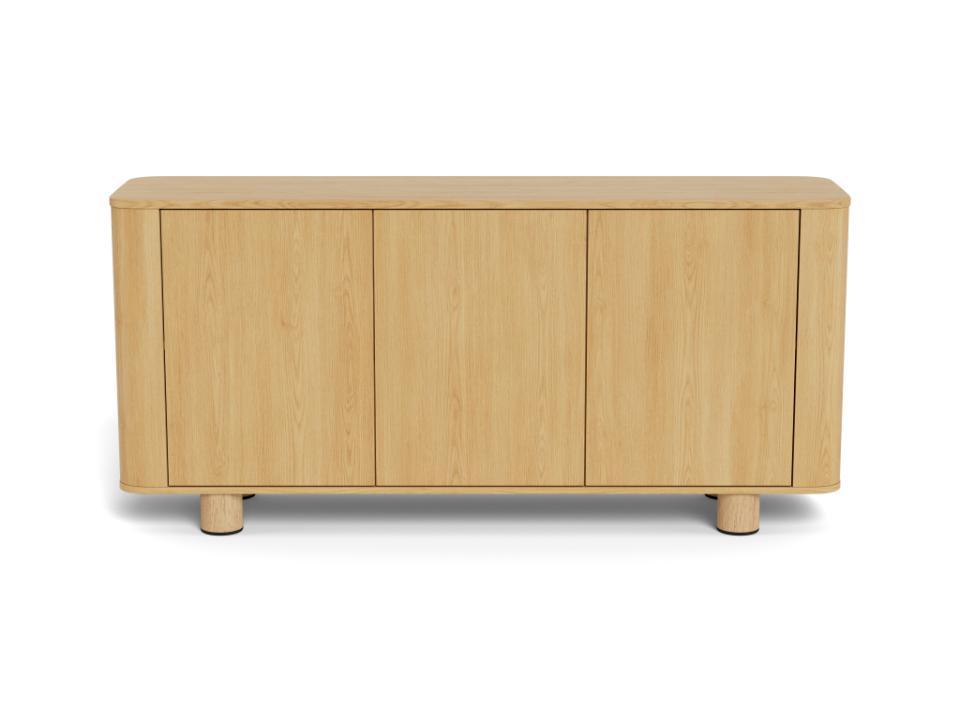 A light natural wood sideboard cabinet with three front doors and short cylindrical legs, shown against a plain white background.