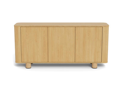 A light natural wood sideboard cabinet with three front doors and short cylindrical legs, shown against a plain white background.