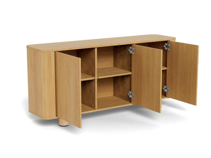 A light oak wood sideboard cabinet with two doors swung open to show the interior shelves, photographed on a white background.