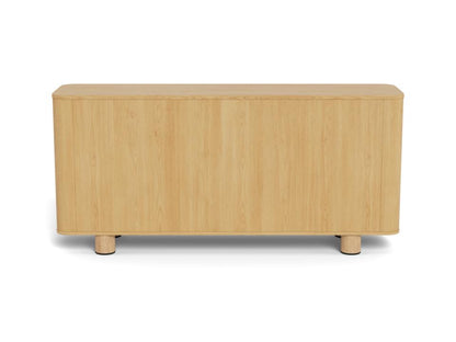 A light natural wood rectangular sideboard storage cabinet with rounded corners and short cylindrical legs, shown against a plain white background.