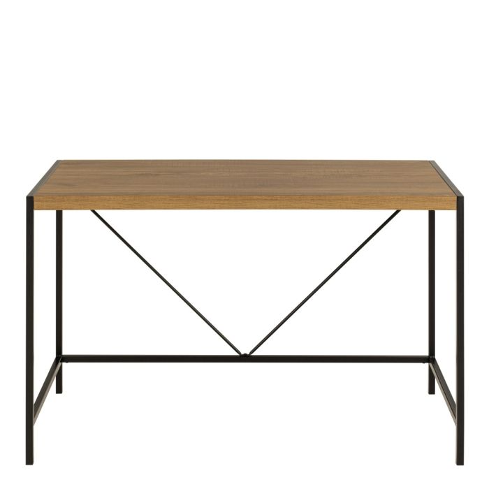 A rectangular writing desk with a light brown wood grain top and a black metal frame featuring a geometric V-shaped support under the tabletop.