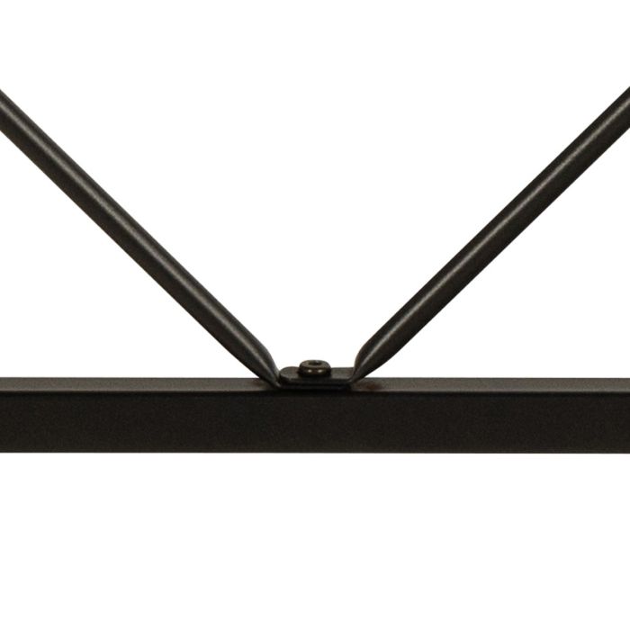 Close-up detail of a black metal frame structure, showing two angled vertical bars meeting a horizontal bar at a central joint against a white background.