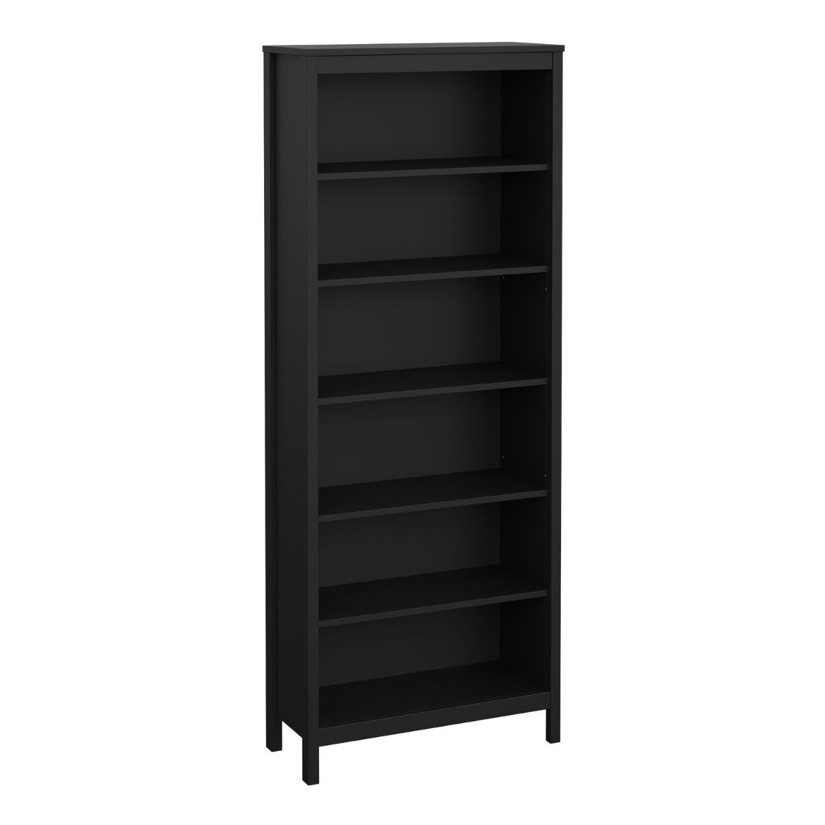 Barcelona black wooden bookcase, angled front view on a white background
