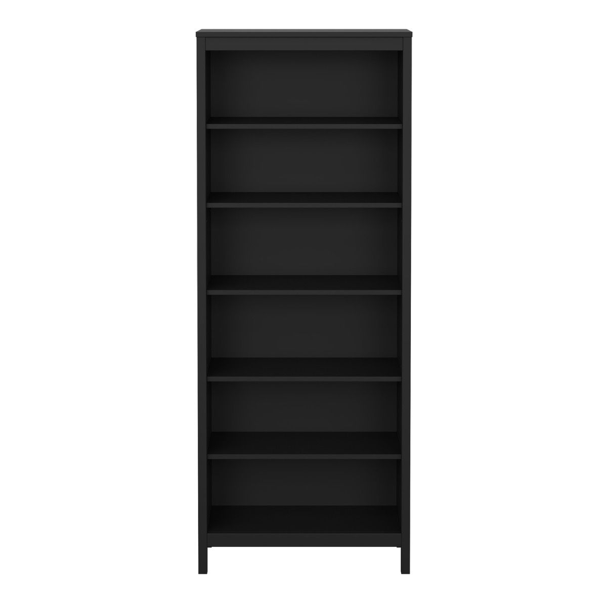 Barcelona black wooden bookcase with five open shelves, front view
