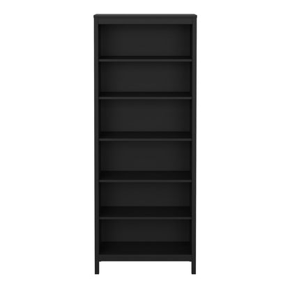 Barcelona black wooden bookcase with five open shelves, front view