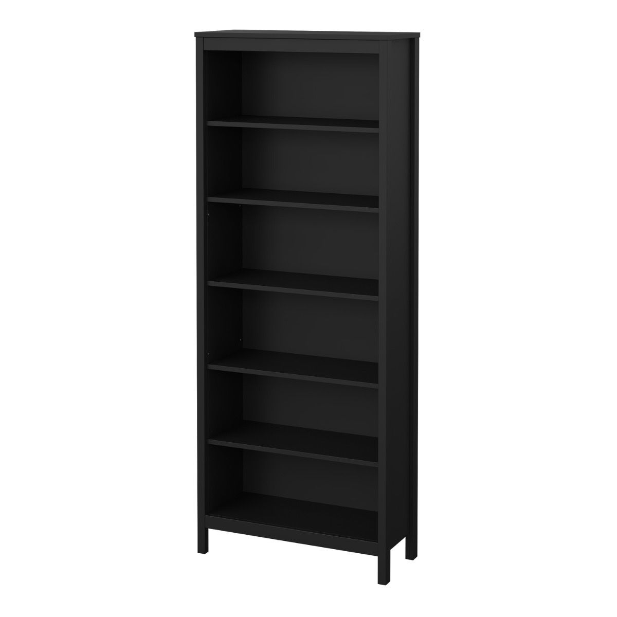 Barcelona black wooden bookcase with five open shelves, shown at an angle