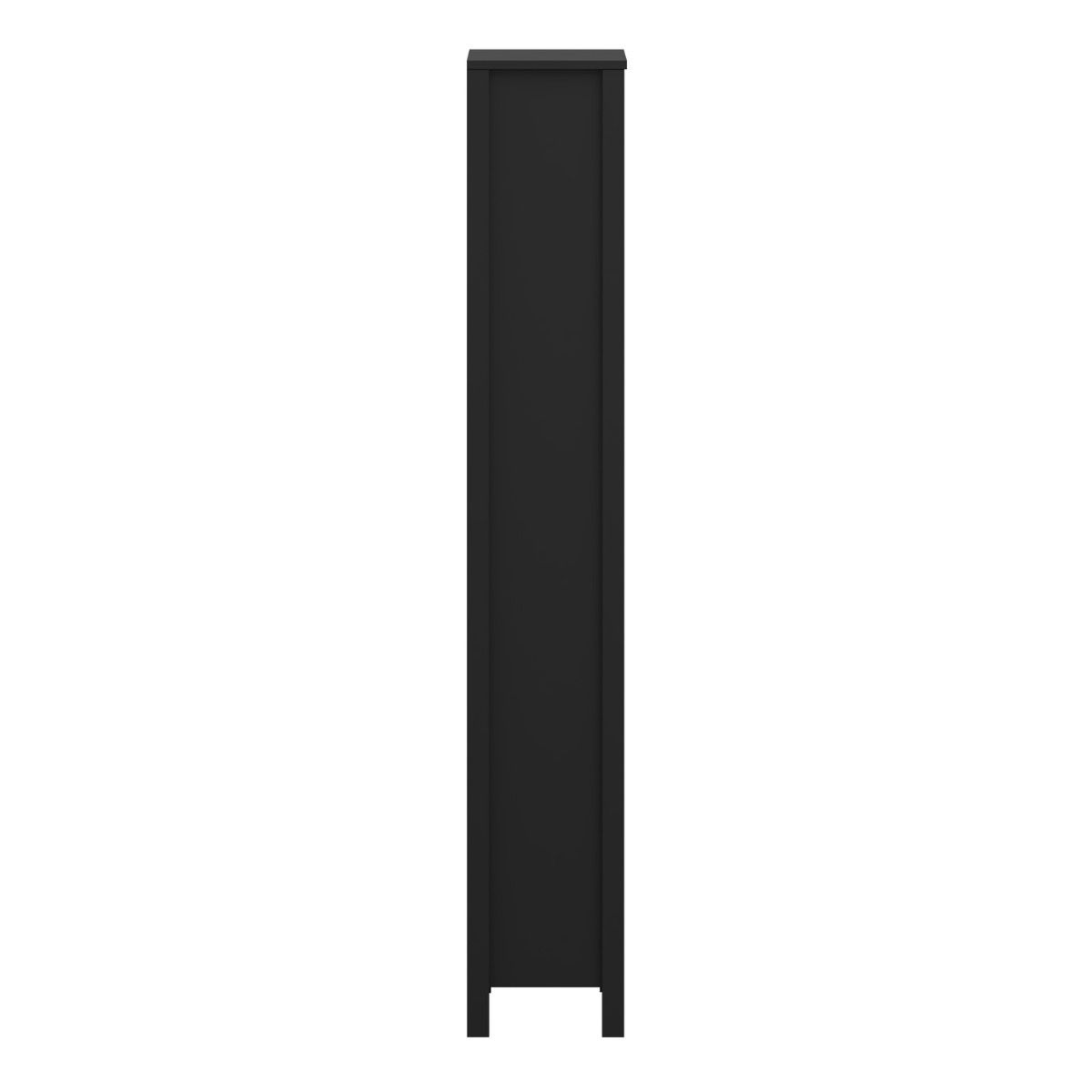 Side view of the Barcelona black wooden bookcase showing its slim profile
