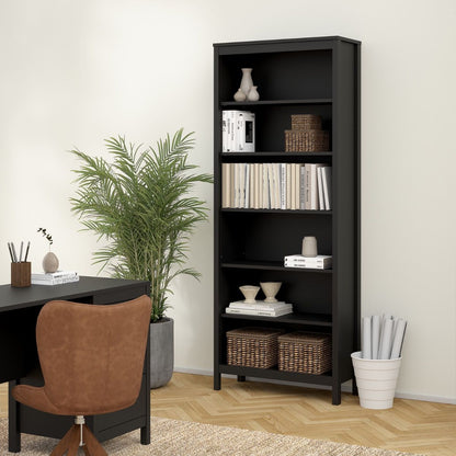 Barcelona black wooden bookcase with five open shelves styled with books and baskets in a home office