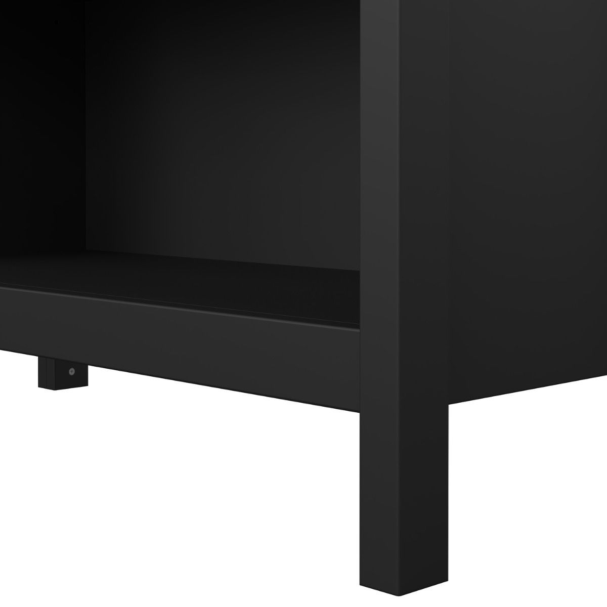 Close-up of the base and legs of the Barcelona black wooden bookcase
