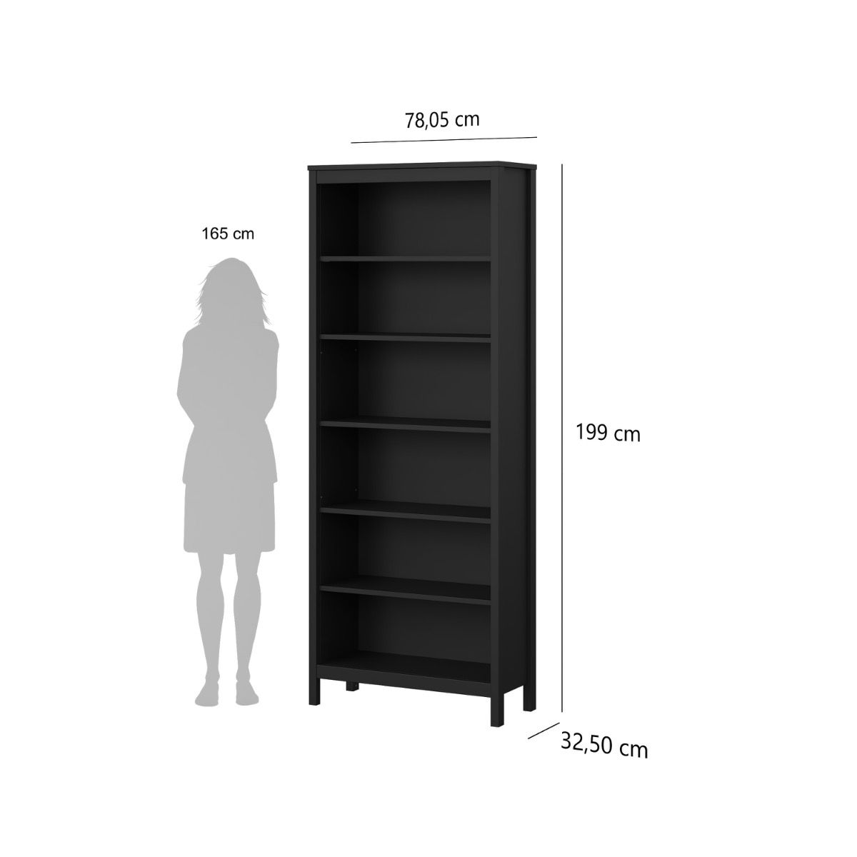 Dimension diagram of the Barcelona black bookcase showing 78 cm width, 199 cm height and 32.5 cm depth