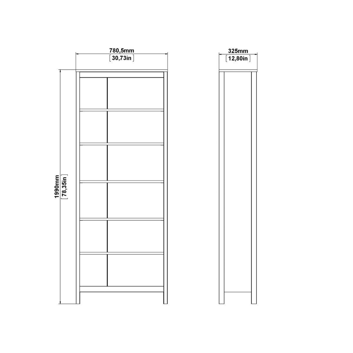 Technical drawing of the Barcelona bookcase showing overall dimensions of 78.05 cm width, 199 cm height and 32.5 cm depth