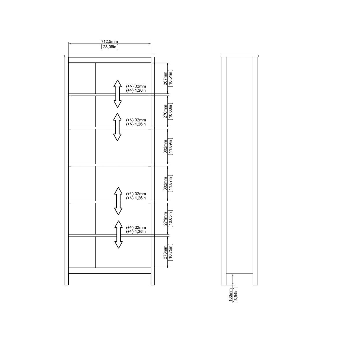 Technical drawing of the Barcelona bookcase showing shelf spacing dimensions