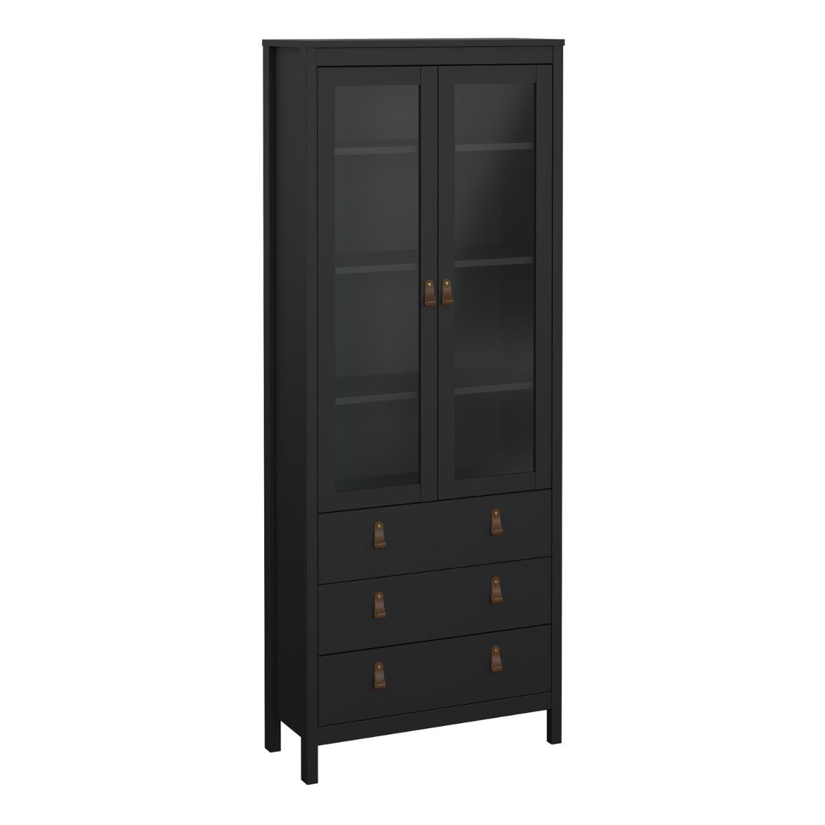 Black Barcelona two glass door cabinet on a white background