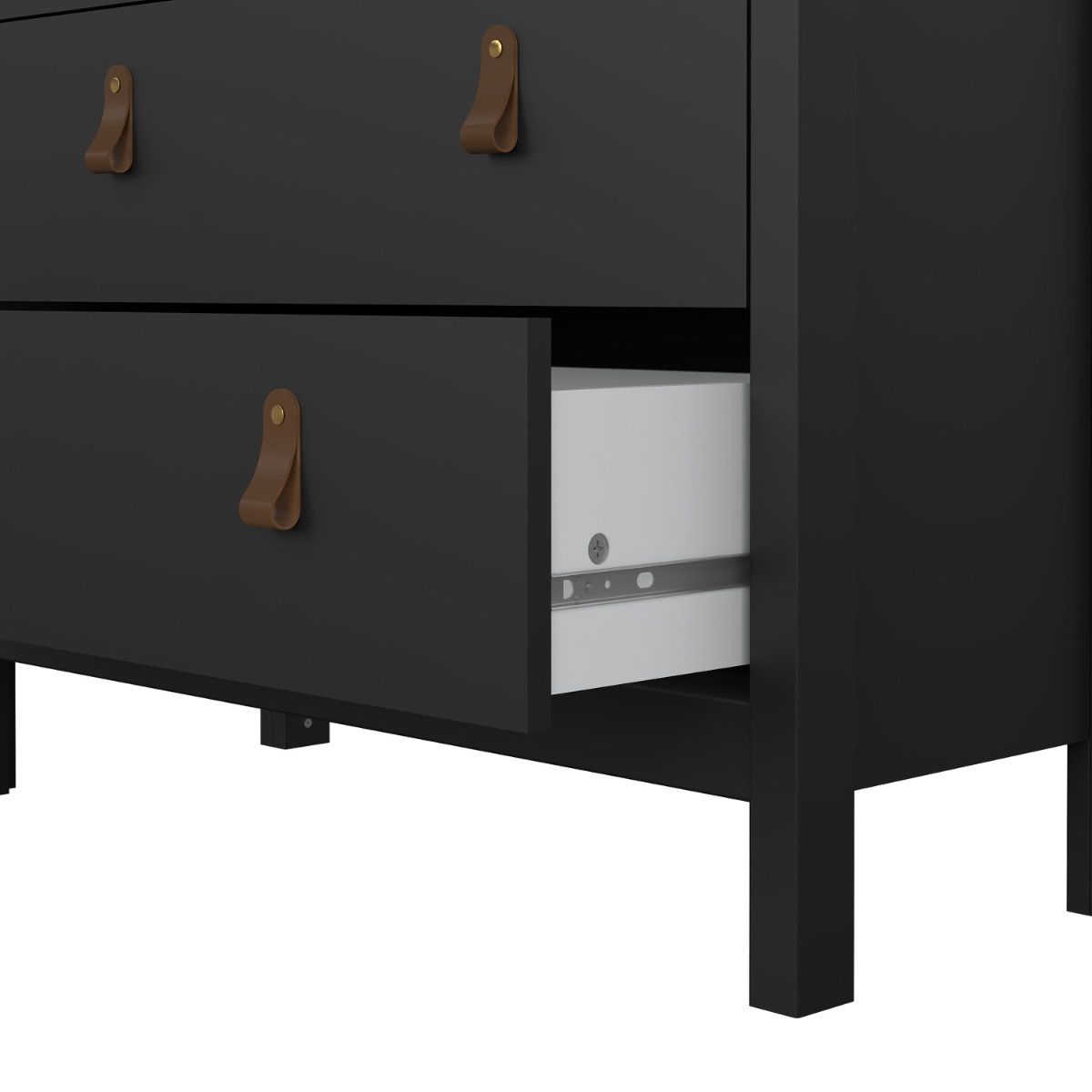Bottom of the Barcelona black cabinet with open drawer revealing a metal runner, all on a white background