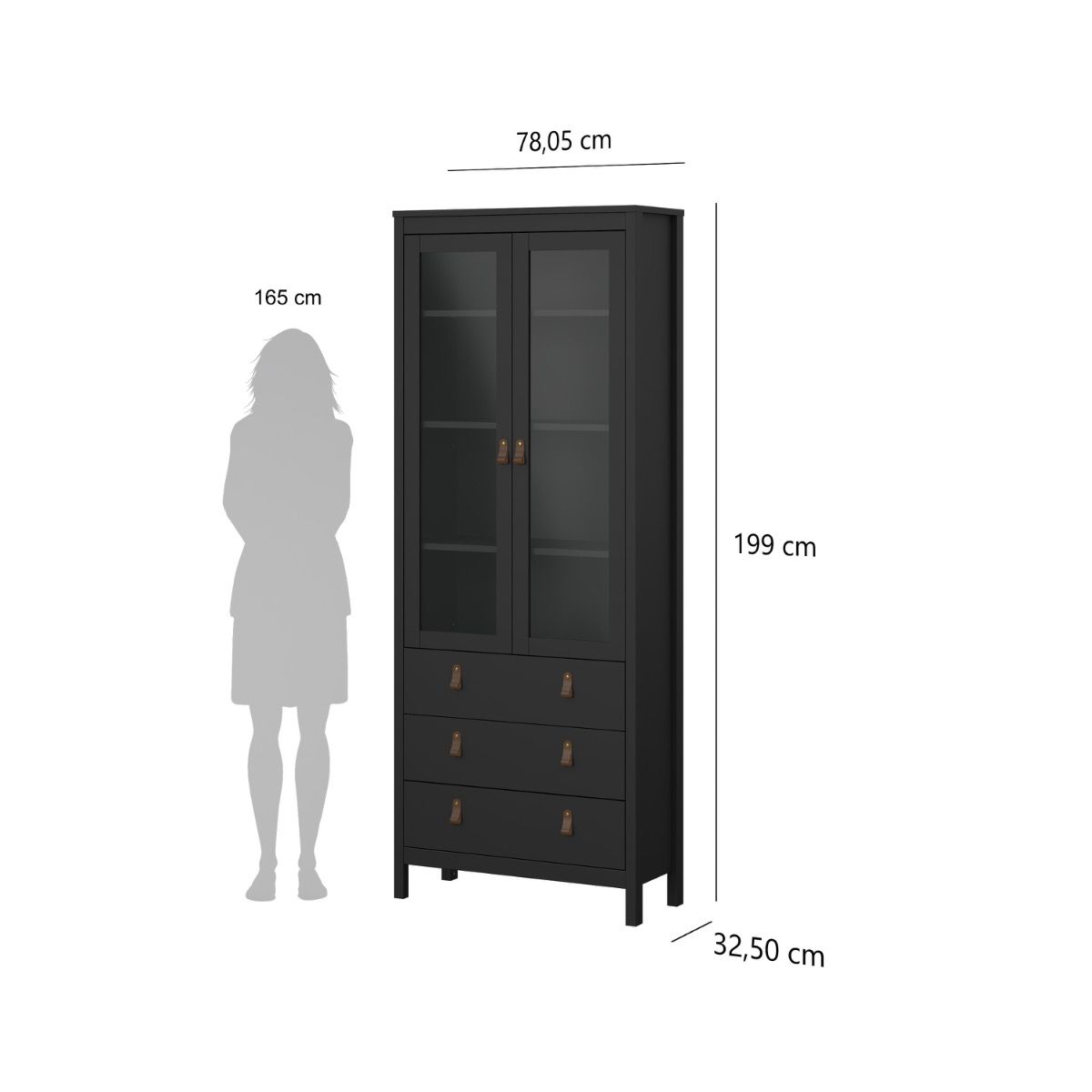 Black wooden display cabinet with glass doors and three drawers, shown with dimension labels (78,05 cm width, 199 cm height, 32,50 cm drawer depth) and a gray silhouette figure for height reference on a white background.