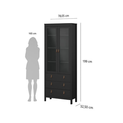 Black wooden display cabinet with glass doors and three drawers, shown with dimension labels (78,05 cm width, 199 cm height, 32,50 cm drawer depth) and a gray silhouette figure for height reference on a white background.