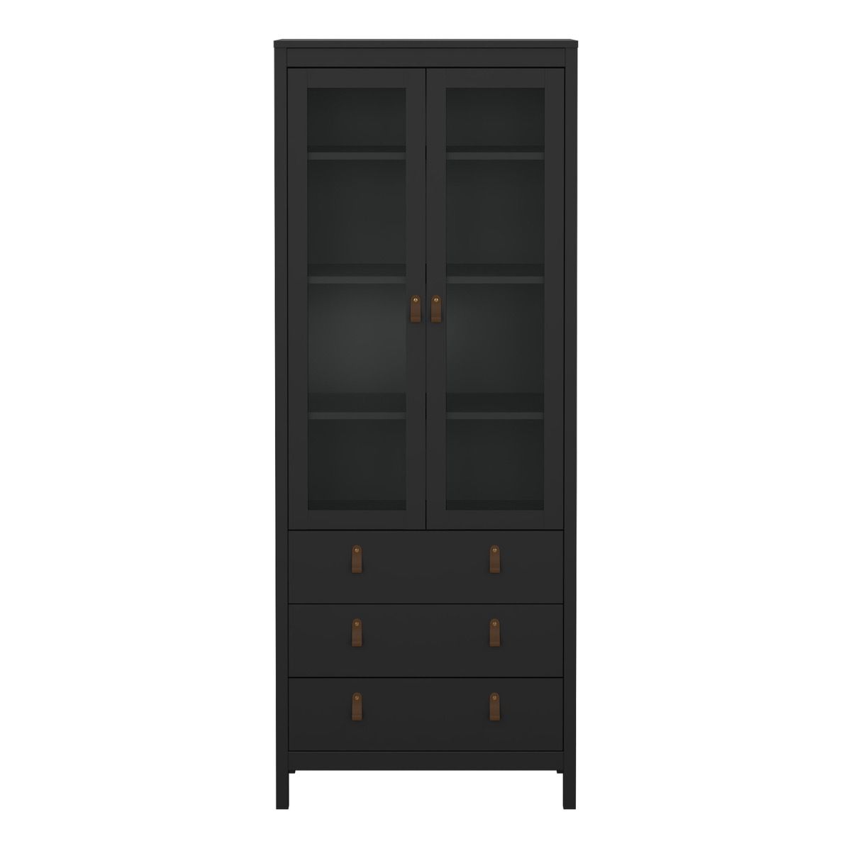A tall black wooden cabinet with two glass-front upper doors and four drawers below, each with small brass-toned handles, shown on a plain white background.