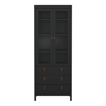 A tall black wooden cabinet with two glass-front upper doors and four drawers below, each with small brass-toned handles, shown on a plain white background.