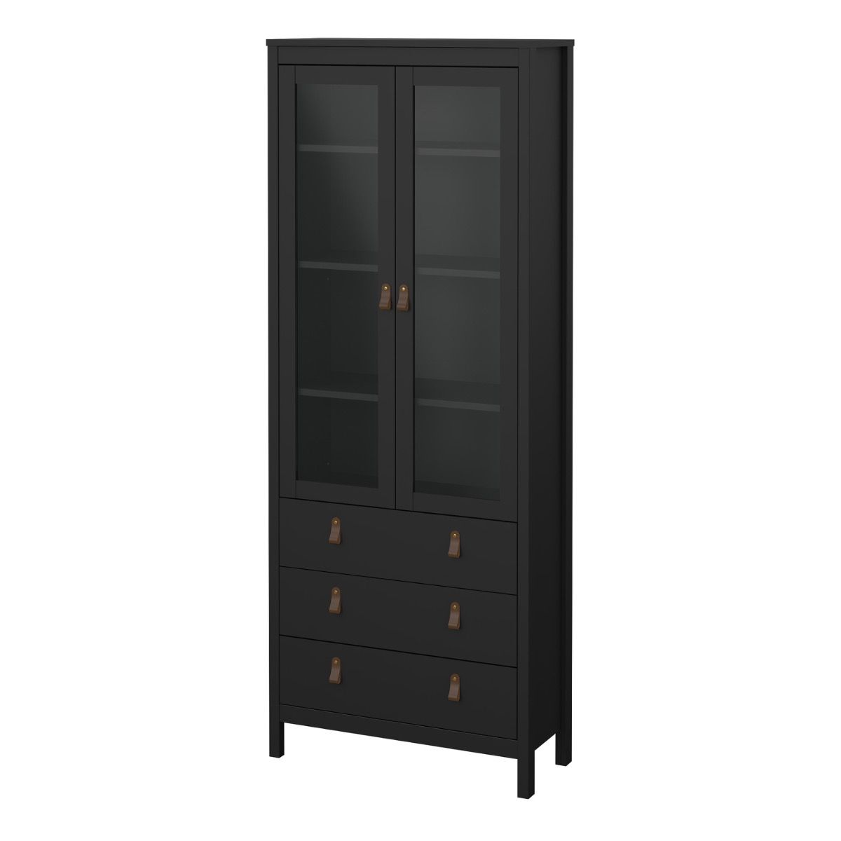 Black cabinet with glass doors and drawers on a white background