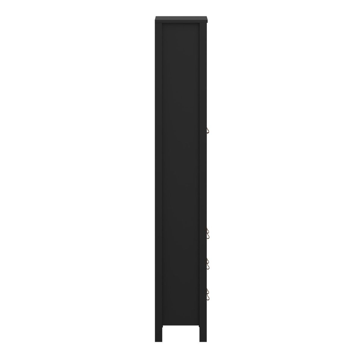 Side view of a tall, narrow black cabinet or storage unit against a plain white background.