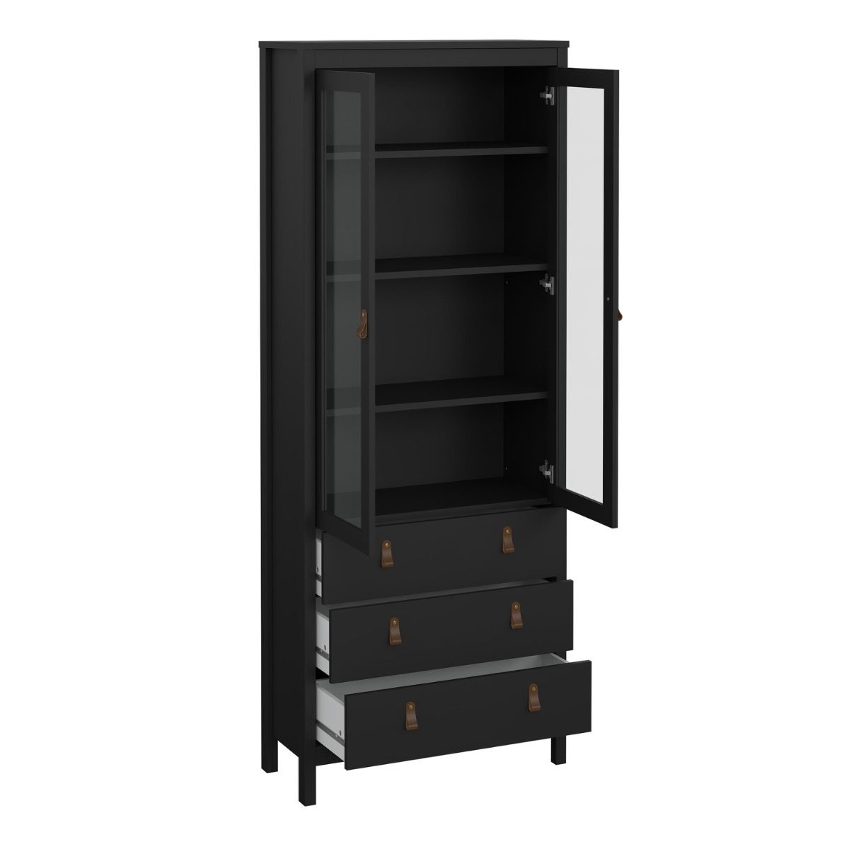 A tall black storage cabinet with a glass-paneled door on the left, open to reveal three interior shelves, and three drawers on the right, shown on a plain white background.