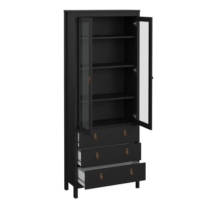 A tall black storage cabinet with a glass-paneled door on the left, open to reveal three interior shelves, and three drawers on the right, shown on a plain white background.