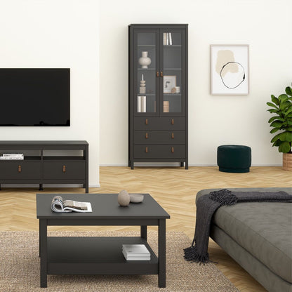 A staged living room scene showing a tall Barcelona black glass-front cabinet with drawers, a matching dark coffee table, a gray sofa, a TV stand, a plant, and a green ottoman against a light wall.