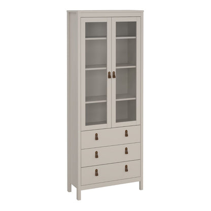 Light gray cabinet with glass doors and drawers on a white background