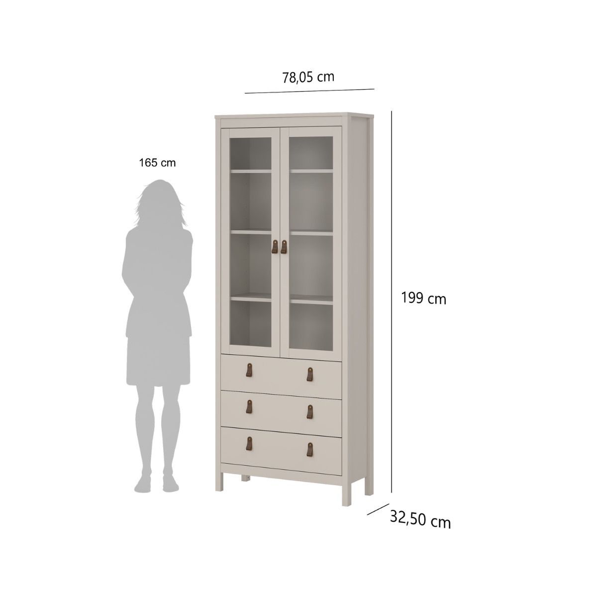 A tall light wood display cabinet with two glass upper doors and four drawers below, shown with dimension labels and a gray silhouette figure for height reference on a white background.