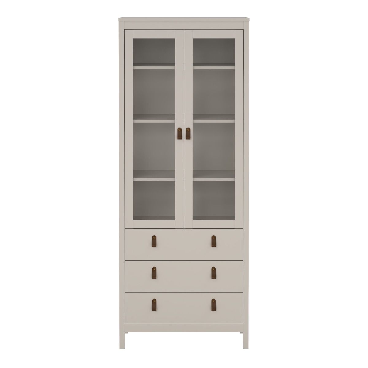 A tall, narrow storage cabinet in a light warm gray or beige finish, featuring two upper glass doors with dark metal handles and four lower drawers with matching handles, set against a plain white background.
