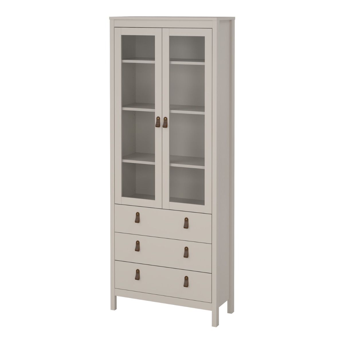 A tall, narrow storage cabinet in a light warm gray or greige finish, featuring two upper glass-front doors with shelves and three lower drawers with small dark metal handles, shown on a plain white background.