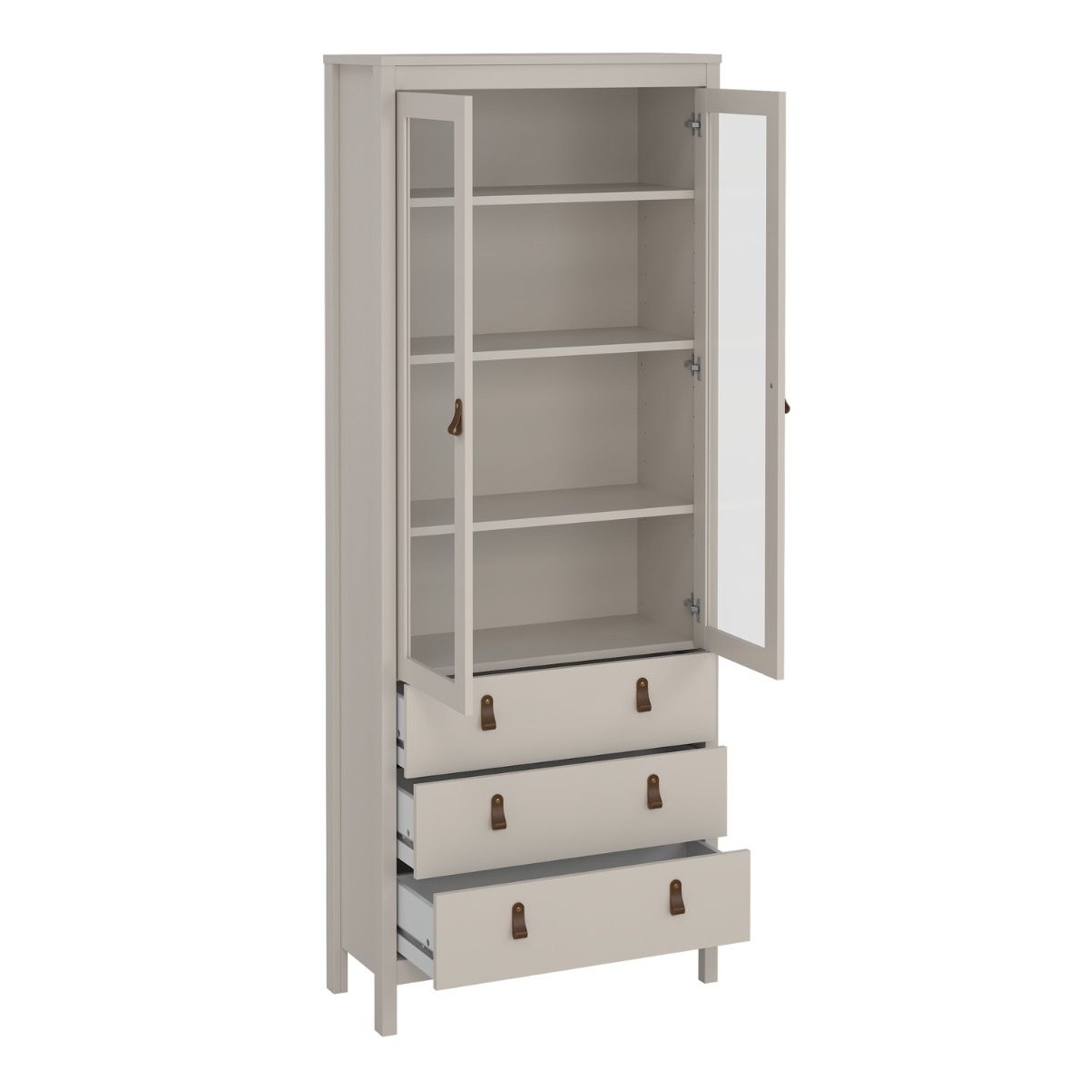 Light gray cabinet with open door and drawers on a white background