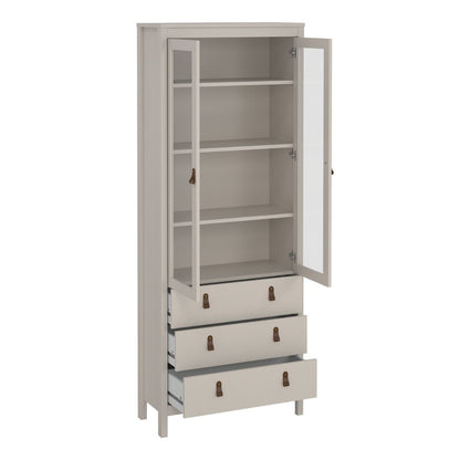 Light gray cabinet with open door and drawers on a white background
