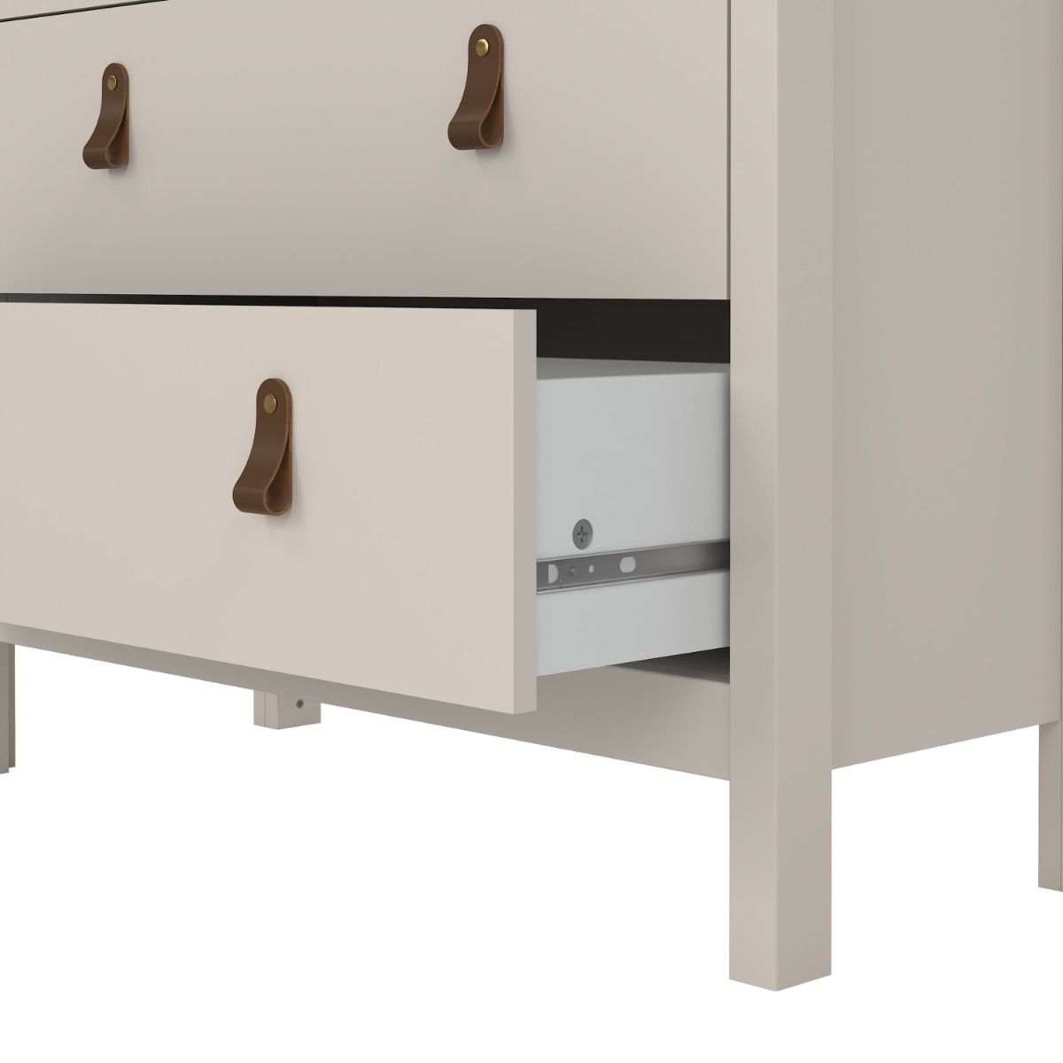 Close-up of a light gray cabinet bottom with open drawer and leather handles.