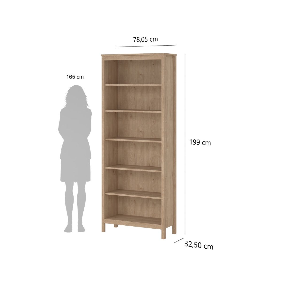 Dimension diagram of the Barcelona oak brown bookcase showing 78 cm width, 199 cm height and 32.5 cm depth