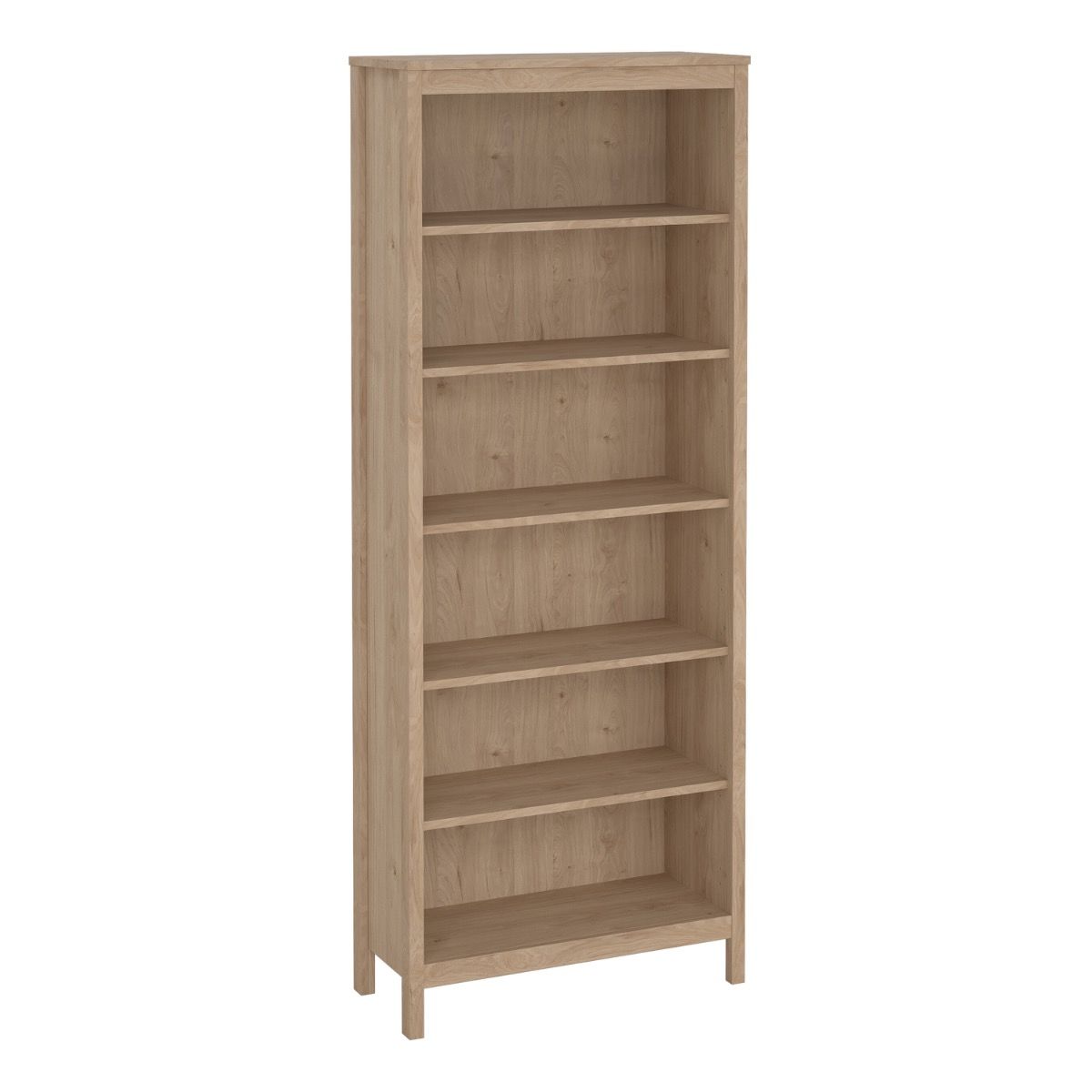 An angled view of the Barcelona oak bookcase with five shelves