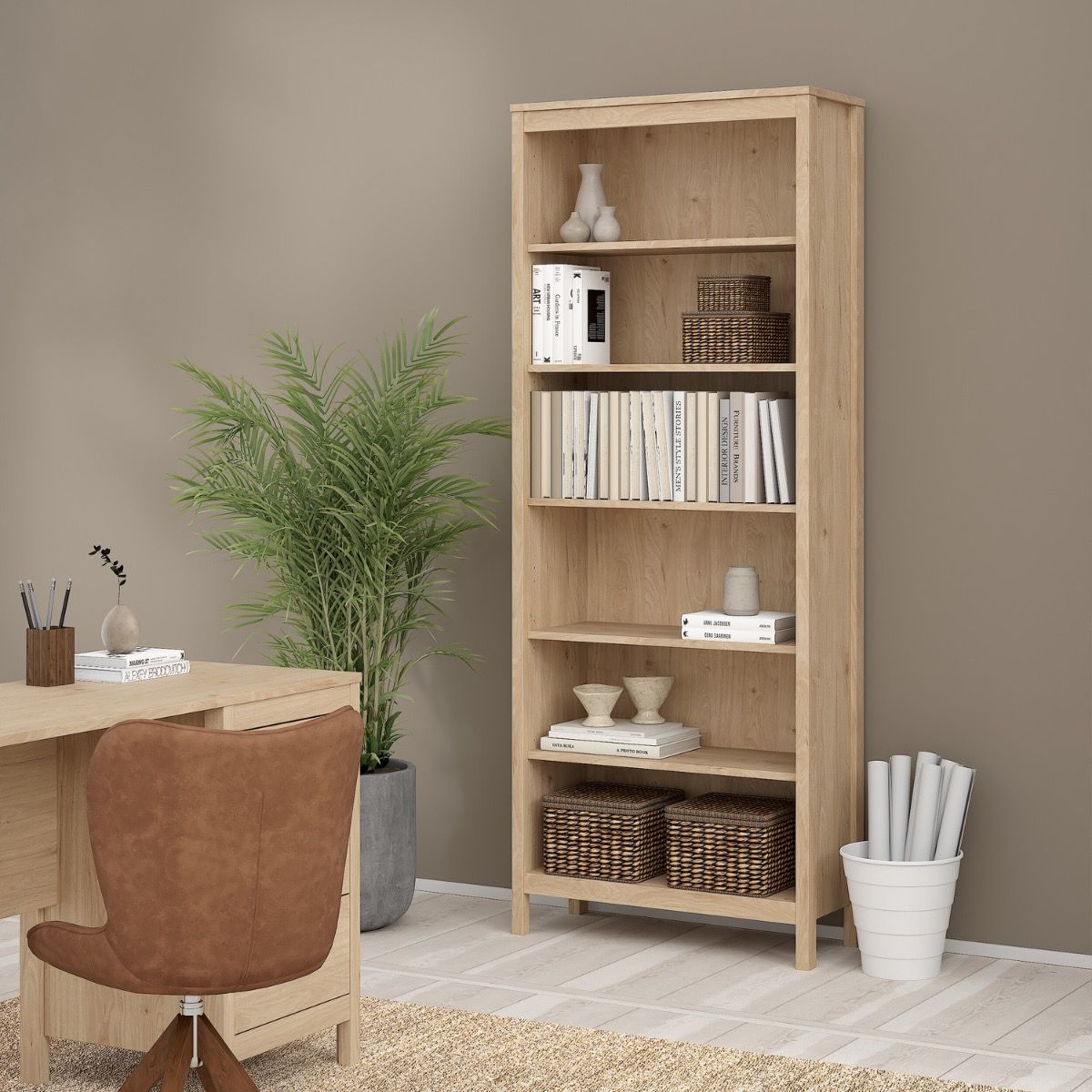 Barcelona oak bookcase in a modern home with accessories