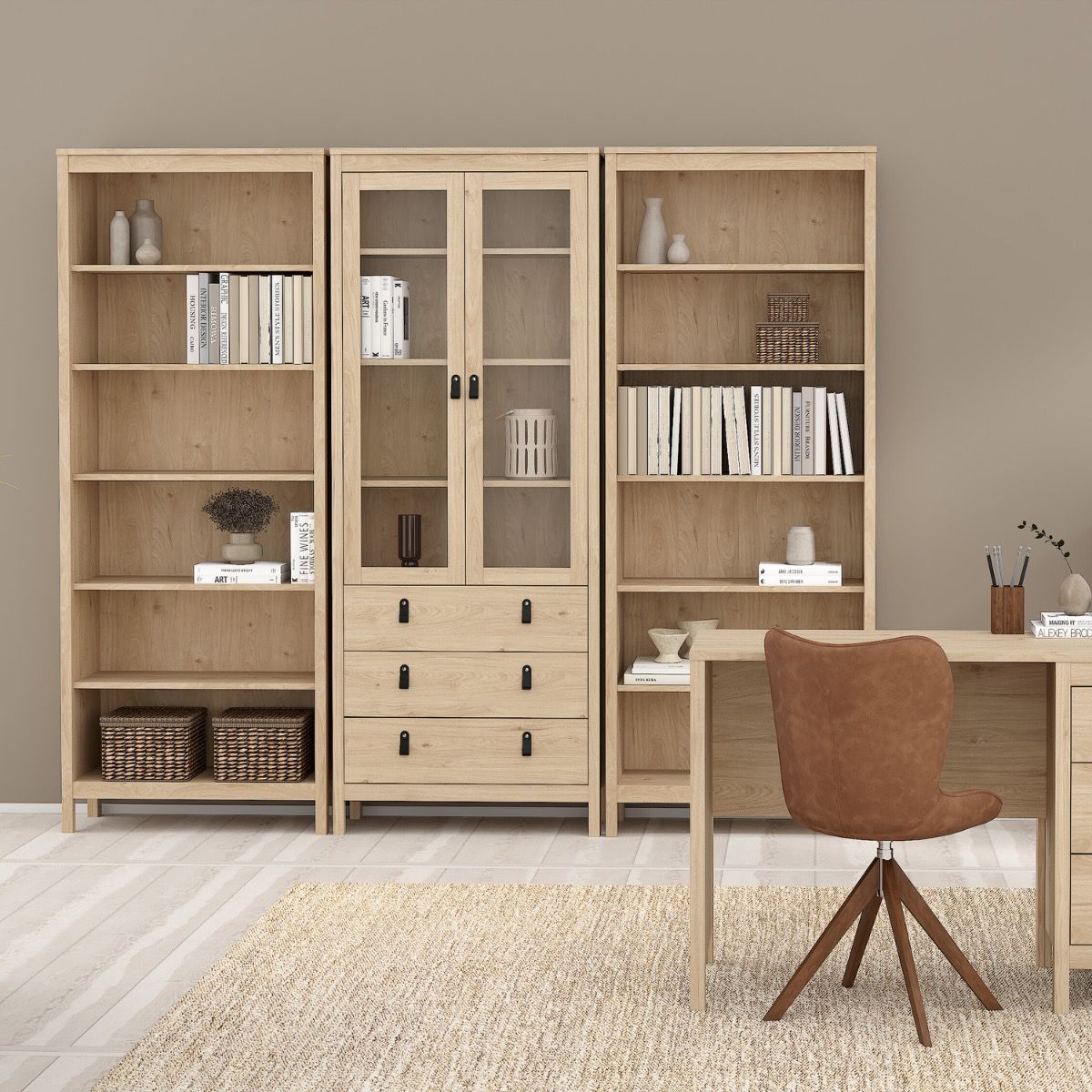 A modern home setting with a Barcelona bookcase either side of a Barcelona cabinet in oak