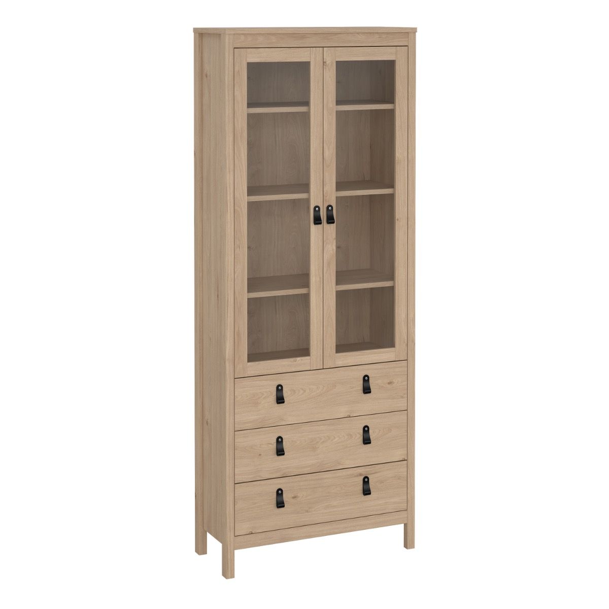 A tall light oak wood display cabinet with two upper glass doors and four lower drawers, featuring black metal handles, set against a plain white background.