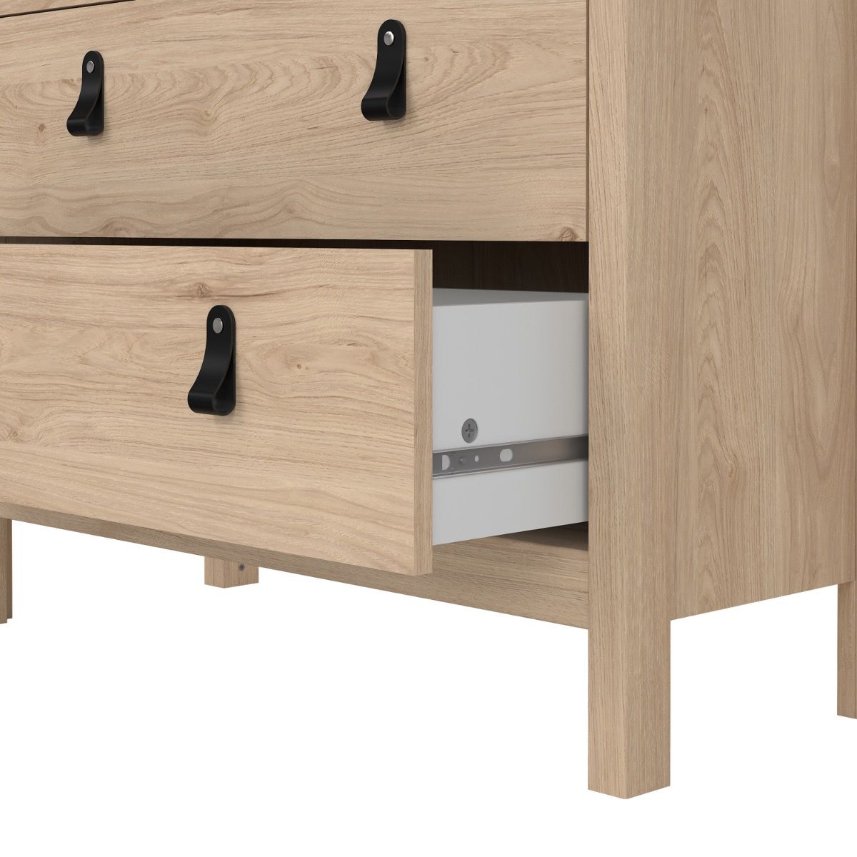 Close-up of a light oak wood cabinet drawers with black metal leather strap pulls, showing one drawer open to reveal a metal runner and white interior