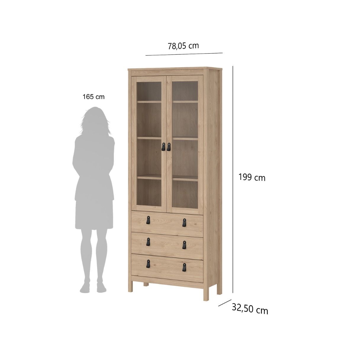 A tall light wood display cabinet with two glass-front upper doors and four drawers below, shown with dimension labels and a gray silhouette figure for height reference on a white background.