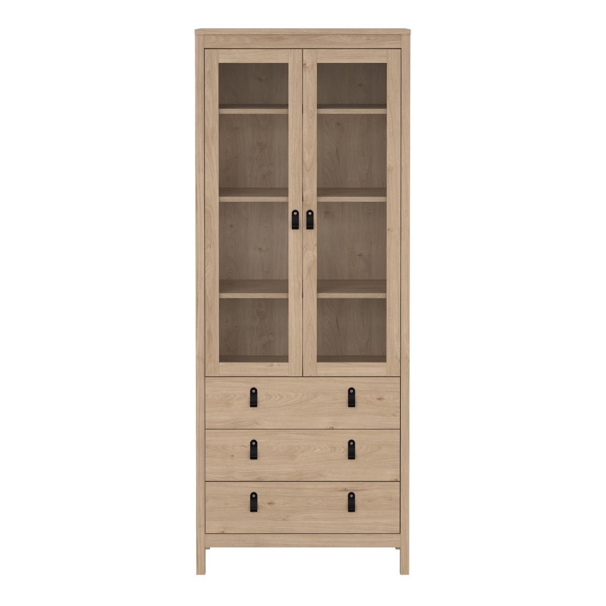 A tall light oak wood cabinet with two upper glass doors and five lower drawers, shown against a plain white background.
