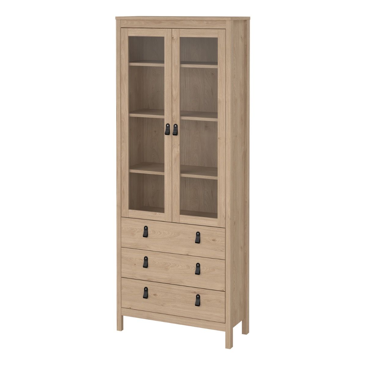 A tall light oak wood cabinet with two glass-front upper doors, four drawers below, and small black metal handles, shown on a plain white background.