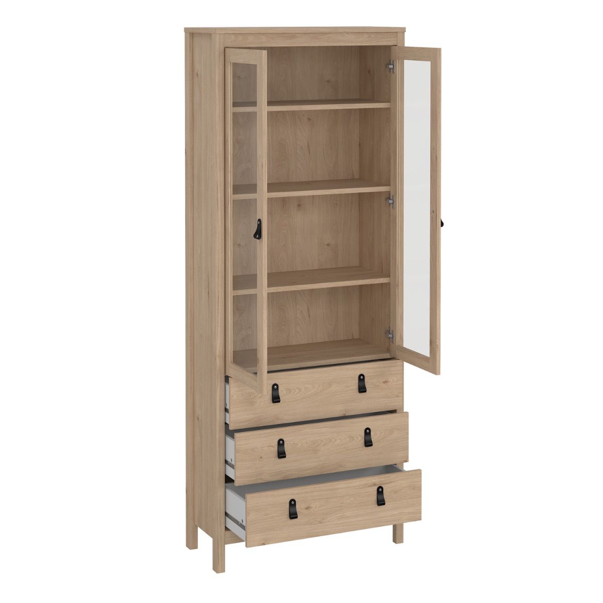A tall light oak wood storage cabinet with a glass-front upper door, open to reveal shelves, and three drawers below with black metal handles.