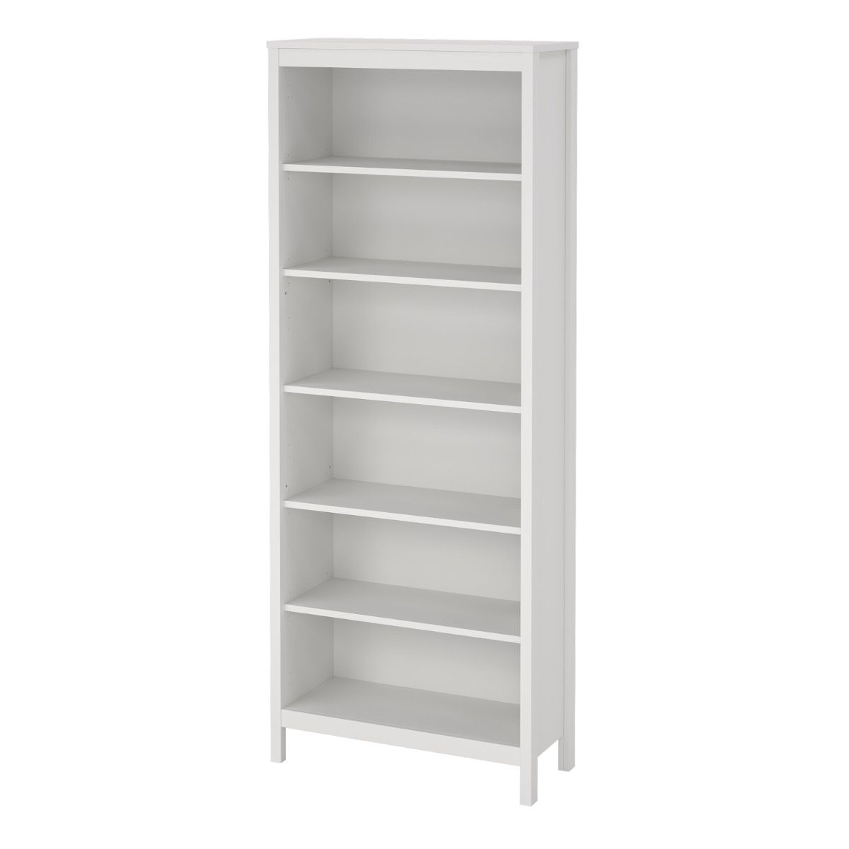 A tall, narrow white Barcelona bookcase with five open shelves, shown against a plain white background.